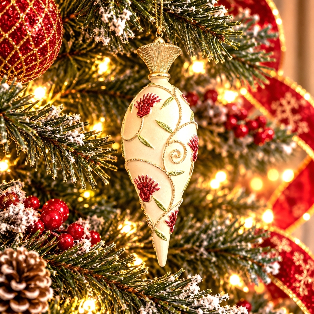 Vintage Venetian Style Floral Glass Christmas Ornament Pink Gold Handcrafted 6”